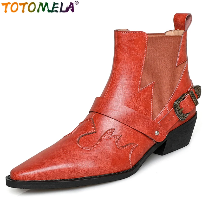 TOTOMELA Cow Leather Cowboy Western Boots Slip On Buckle Pointed Toe Autumn Winter Ankle Boots Retro Short Booties Size 34-43