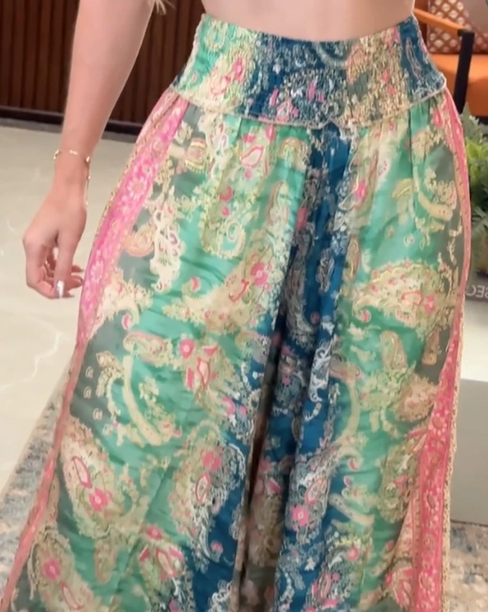 

Women's Ethnic Style Trouser 2025 Spring Summer Latest Floral Print High Waist Shirred Waist Pants Casual Wide Legal Pants