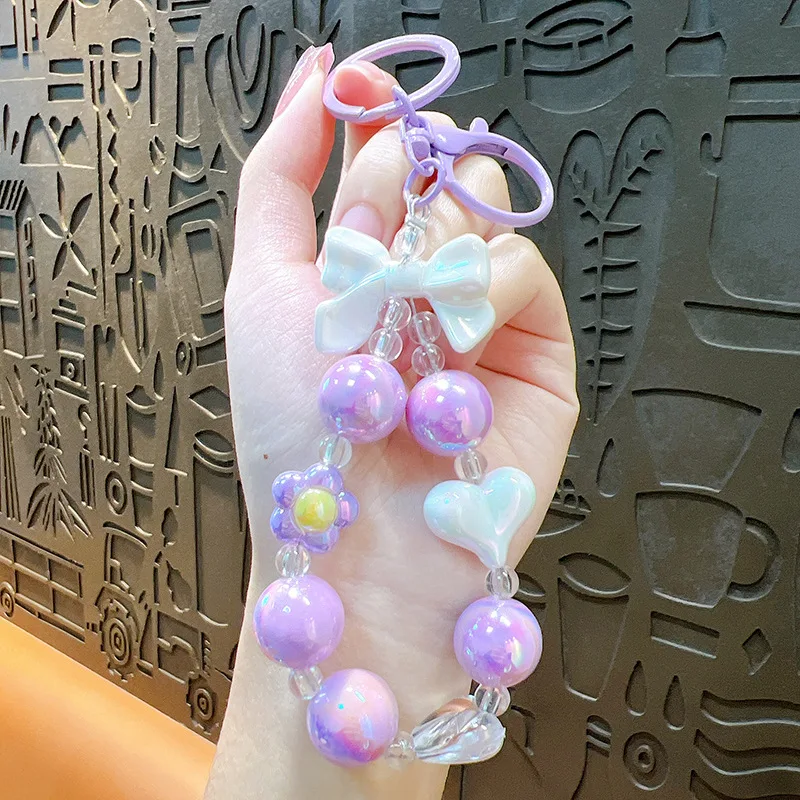 Creative small fresh candy color color plating beaded key chain bow love key chain bag small pendant