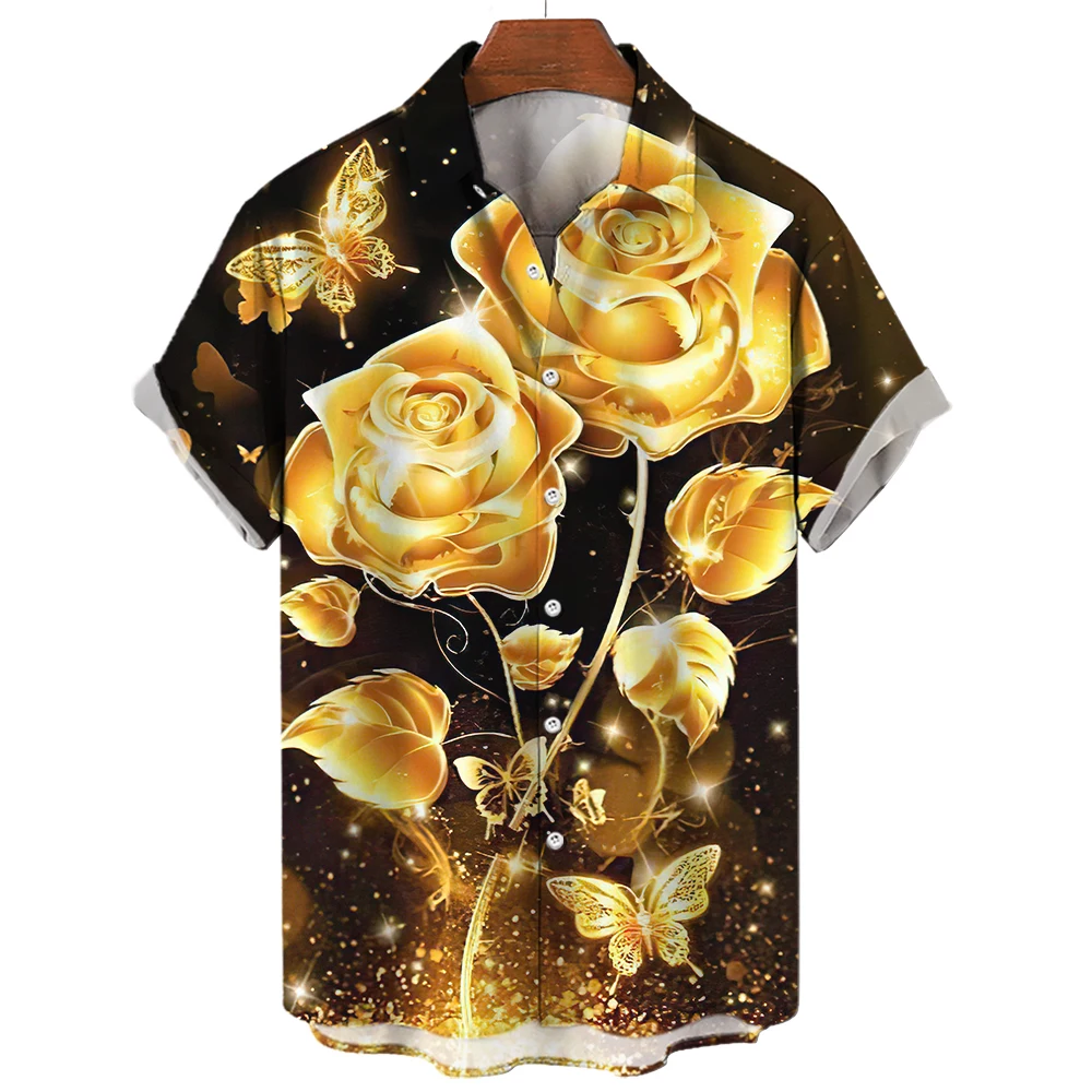 2023 Summer Caual Men's Shirt Gold Rose Hawaiian Shirt Men's 3d Printed Flower Fashion Shirt Men's Street Button Short Sleeve