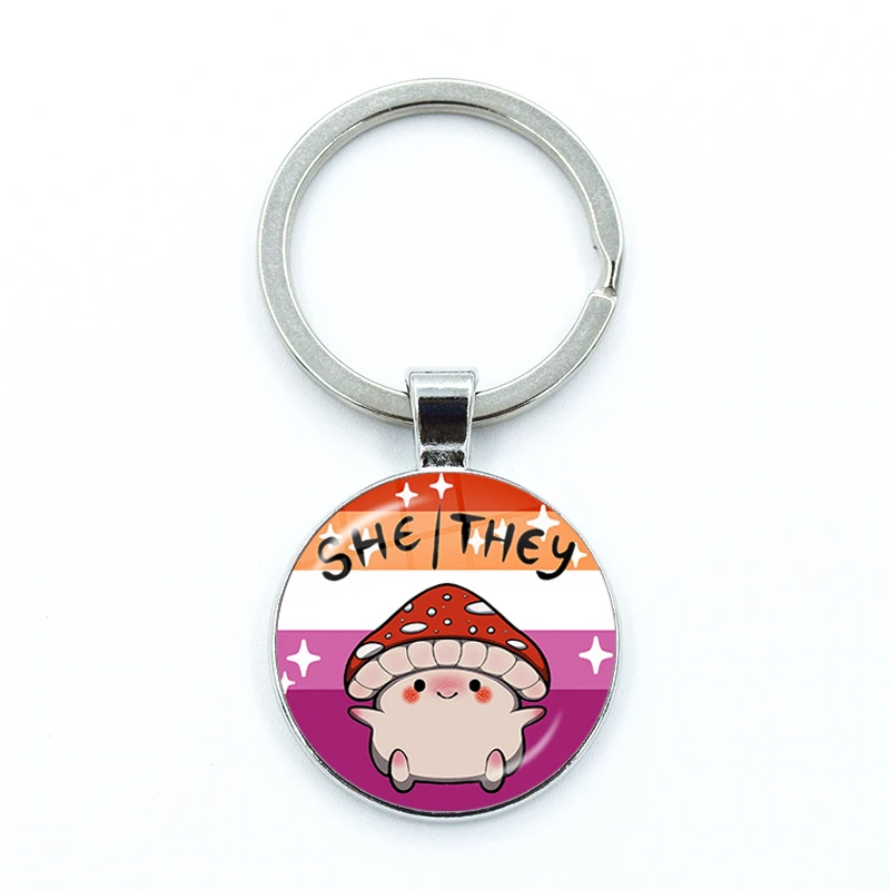 Genderfluid فخر وہ الفطر الضميمة المفاتيح الزجاج كابوشون لطيف كيرينغ حقيبة سيارة مفتاح سلسلة حلقة حامل حُليات المجوهرات