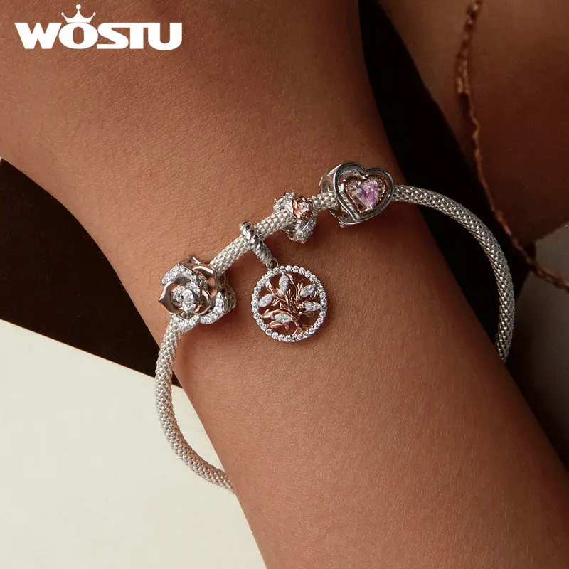 WOSTU 925 Sterling Silver Tree of Life Pendant Plated White Rose Gold Rose Charm Spacer Beads Fit Original Bracelet for Women