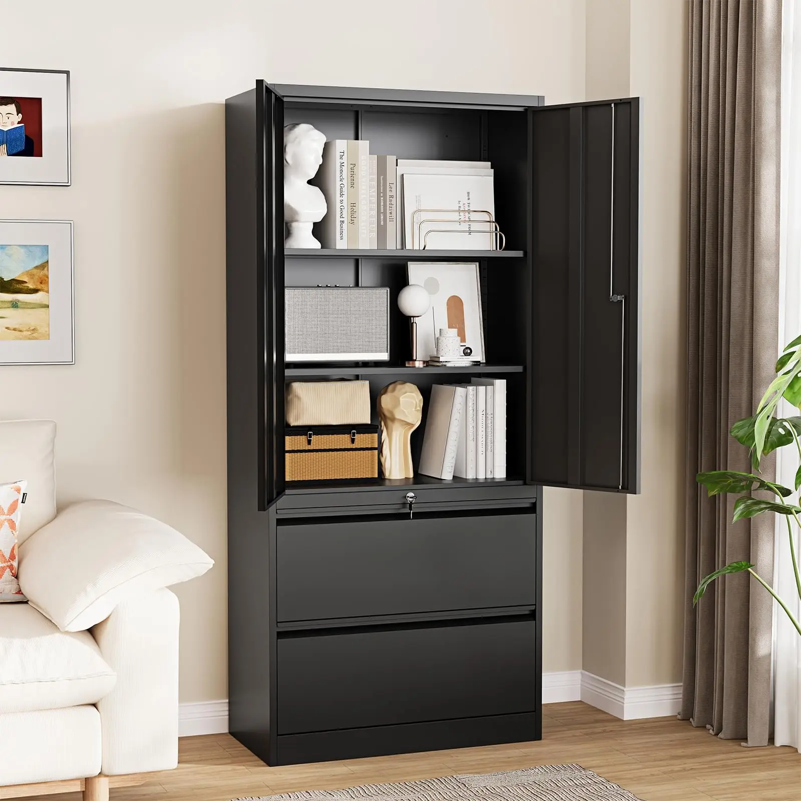 2 Drawer Lateral File Cabinet - Metal Storage Cabinet with Locking Drawers for Letter/A4 Size Files (Black)