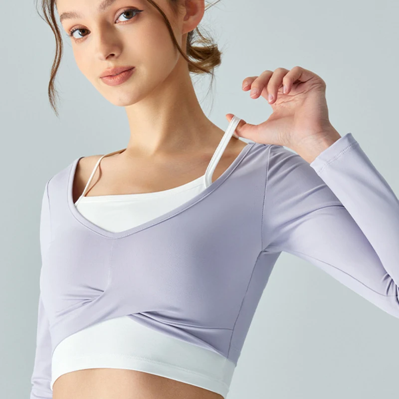 INLUMINE Fake Two Piece Sports Top Women With Chest Pad Semi Fixed Bra Hanging Neck Cross Slim Yoga Fitness Clothes Street Wear