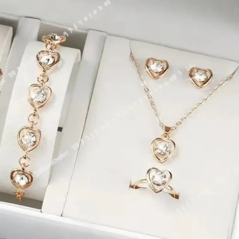 4pcs Luxury Heart Crystal Jewelry Set for Women Necklace Bracelet Ring Earrings Exquisite Wedding Party Accessories Holiday