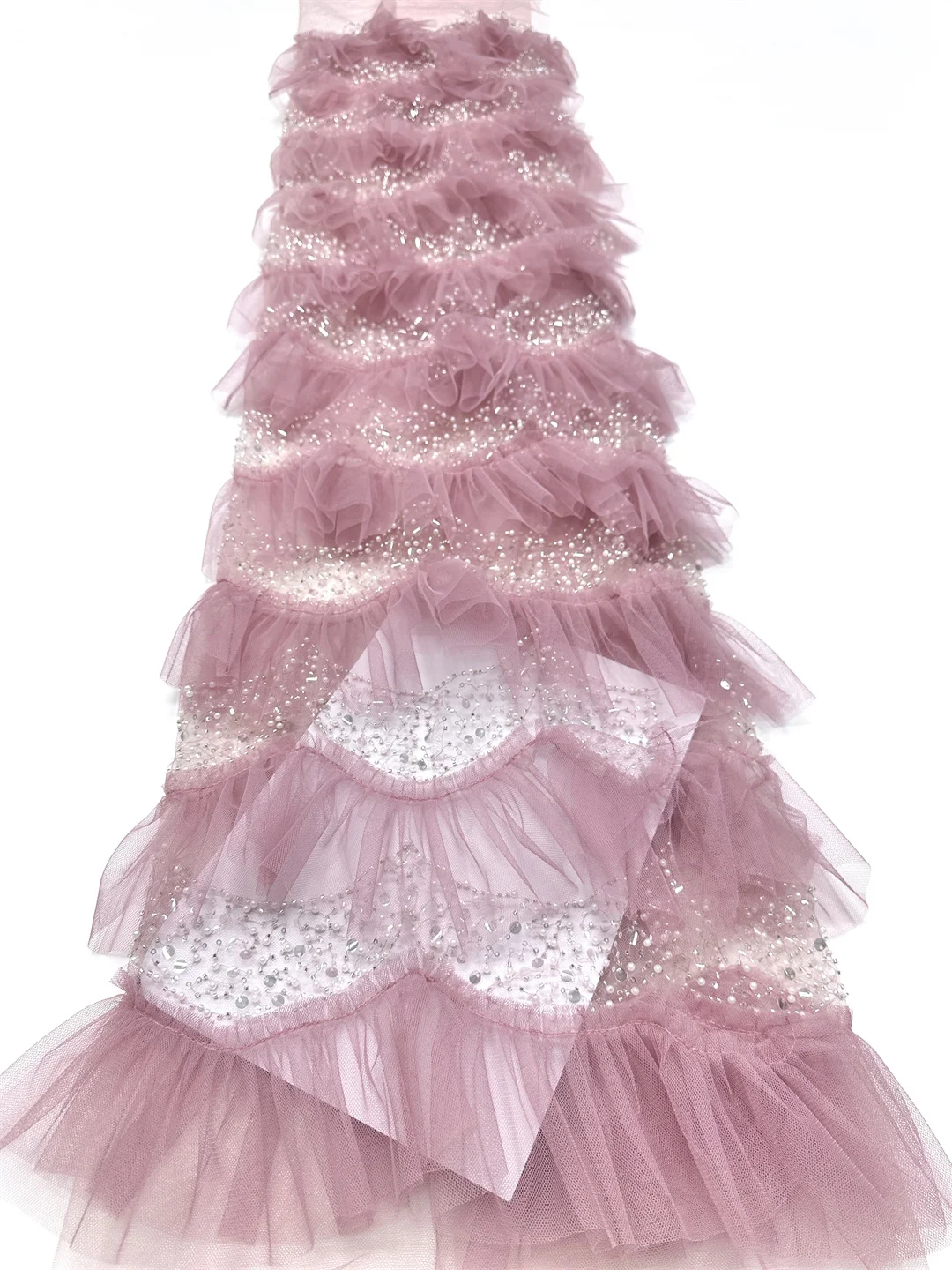Ruffled Tulle Fabric Hand Sewn Rhinestone Beaded Mesh Lace Material For Wedding Evening Party Tiered Dress