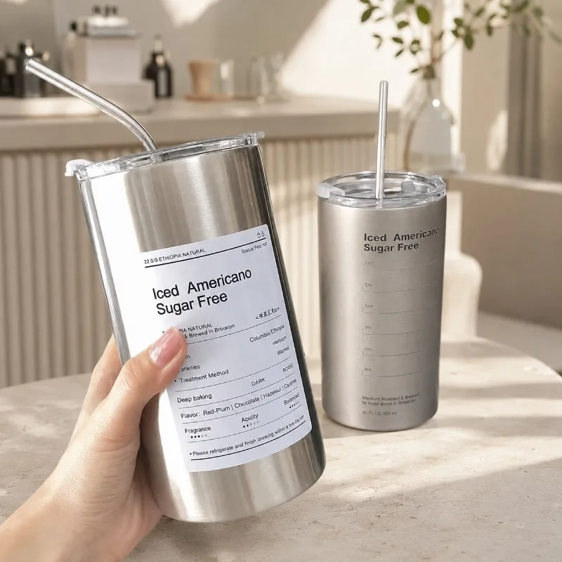 600ml Vacuum Flask Stainless Steel Coffee Cup Thermos Bottles and Straws for Thermos Drinks Insulated Bottle Drinking Utensils