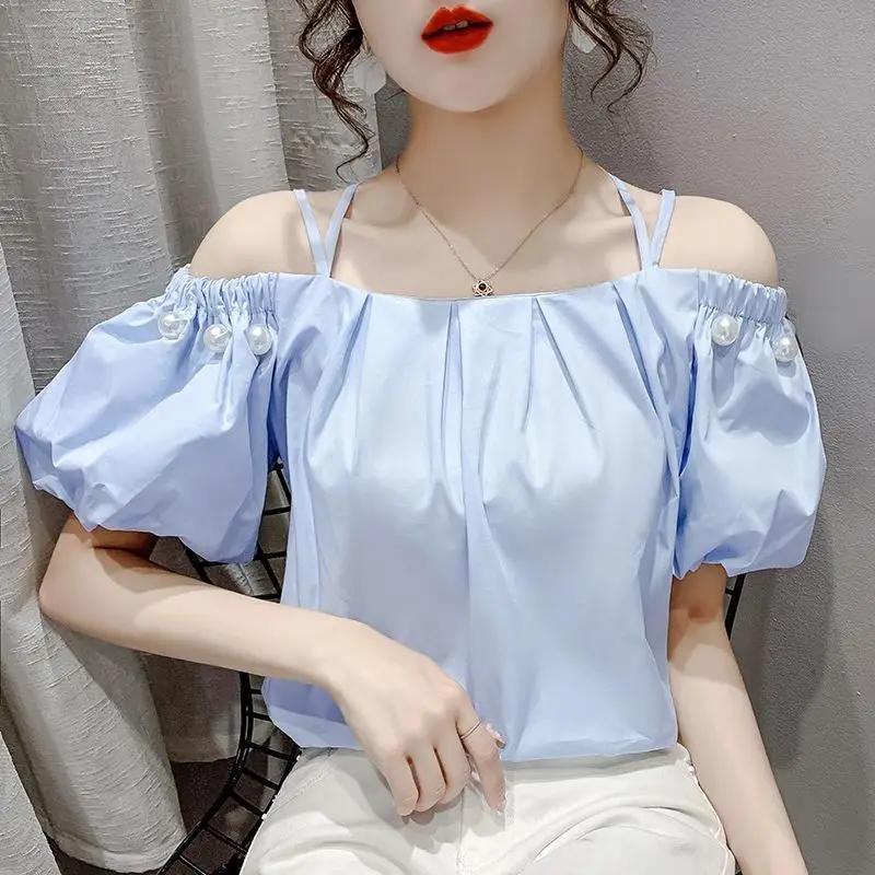 

Sweet Slash Neck Slip Beading Off Shoulder Folds Puff Sleeve Blouses Female Clothing 2024 Summer Loose Casual Tops Chic Shirts