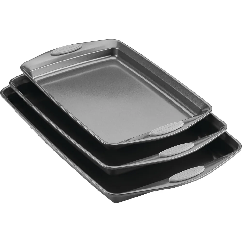 

Nonstick Bakeware Set with Grips, 3-Piece Cookie Sheets in Gray, Oven-Safe to 500°F