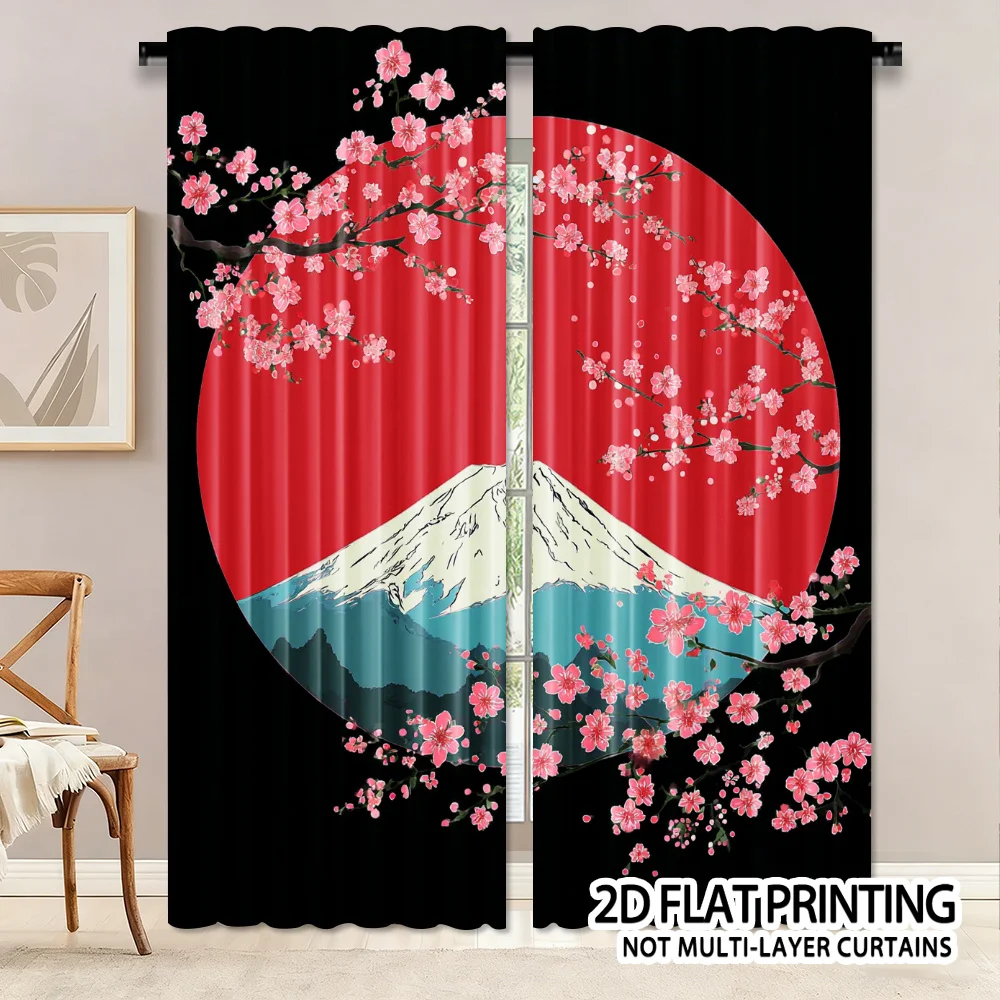 Cherry Blossom Mount Fuji Design Print Drapes Room Darkening Window Curtains for Home Decor,Rod Pocket Blackout Curtains Bedroom