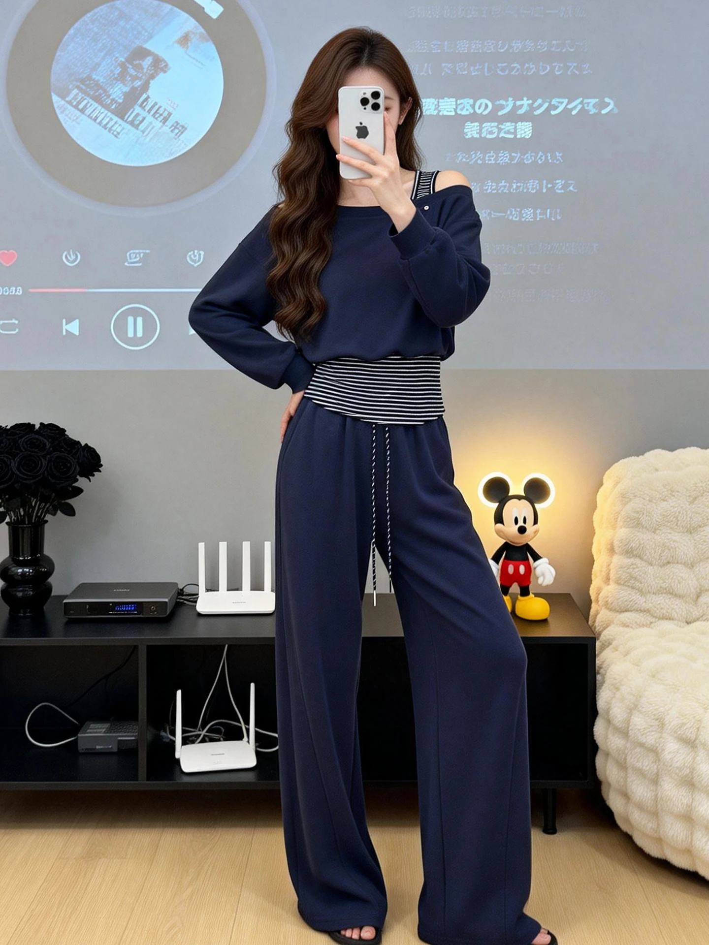 

Korean Casual Lazy Striped Two-Piece Shoulder Bared Sweatshirt Loose Wide Leg Pants Set Spring Autumn New Style Women's Fashion