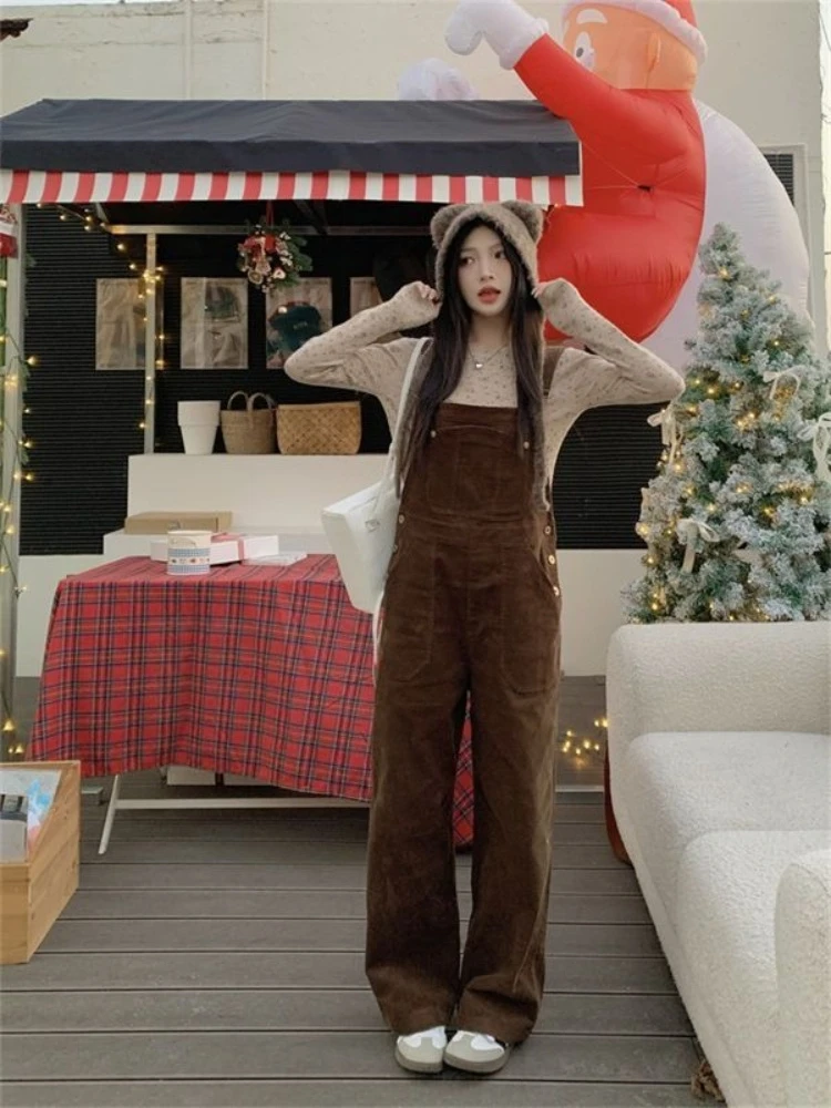 Retro Style Women Romper Korean Fashion Wide Leg Overalls Corduroy Loose Fit Autumn Casual Pants