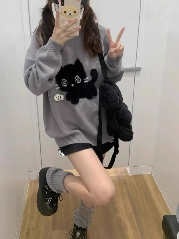 

Deeptown Kawaii Gray Sweaters Women Preppy Style Sweet Knitted Pullovers Cutecore Japanese Oversized Jumpers Harajuku Soft Girl