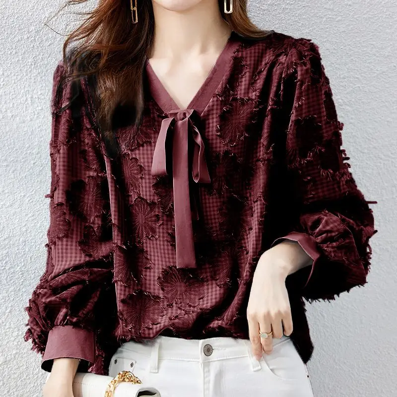 Fashion Elegant Applique Chic V-Neck Shirt for Women Spring Autumn Korean Bow Spliced Female Clothing Lantern Sleeve Blouse