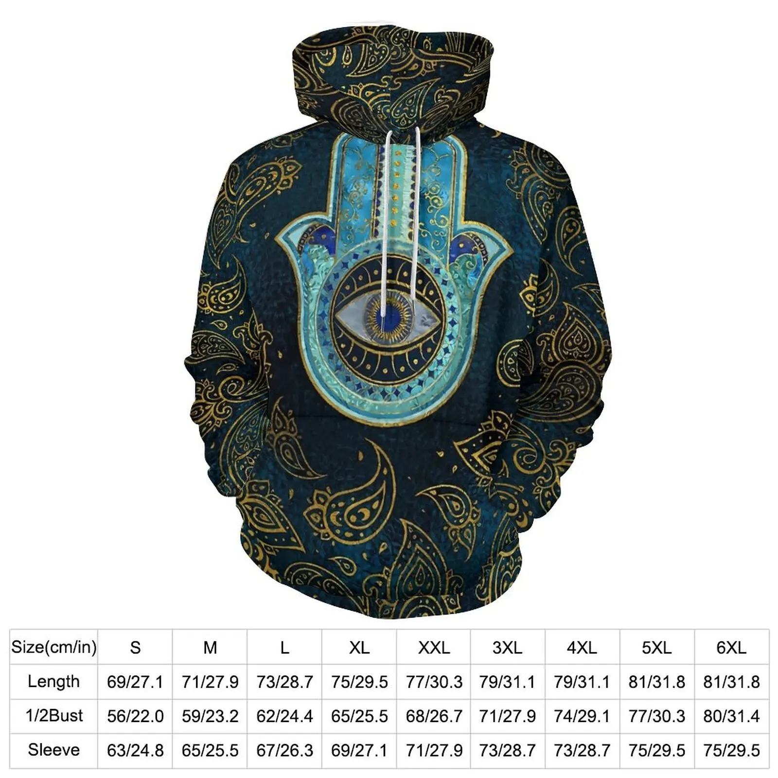 Hamsa Hand Loose Hoodies Gold Paisley Print Street Wear Hoodie Unisex Long-Sleeve Cute Graphic Hooded Sweatshirts Large Size