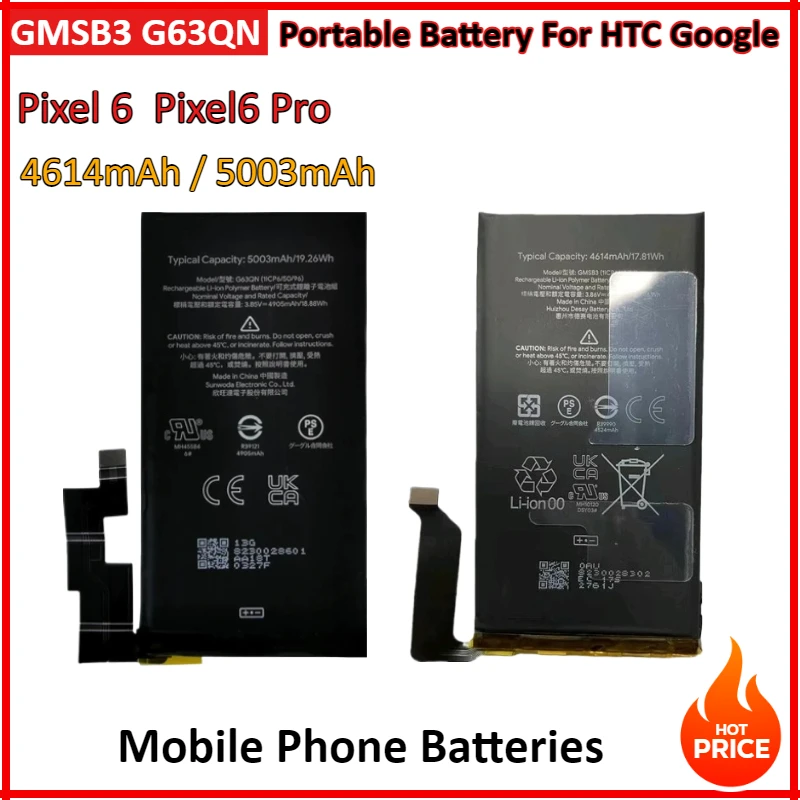 

4614mAh/5003mAh G63QN GMSB3 High Capacity Mobile Phone Batteries For HTC Google Pixel 6 Pixel6 Pro Portable Battery