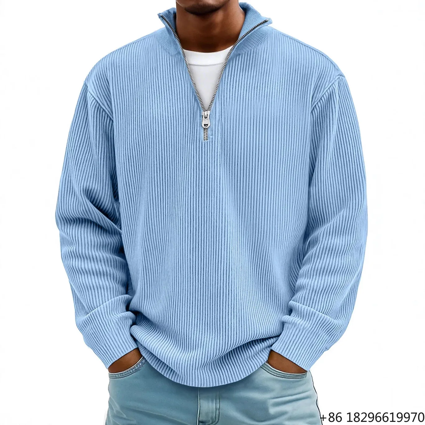 Quarter Zip Stand Collar Pullover for Men Vertical Ribbed Texture Long Sleeve Sweatshirt Business Casual Daily Top