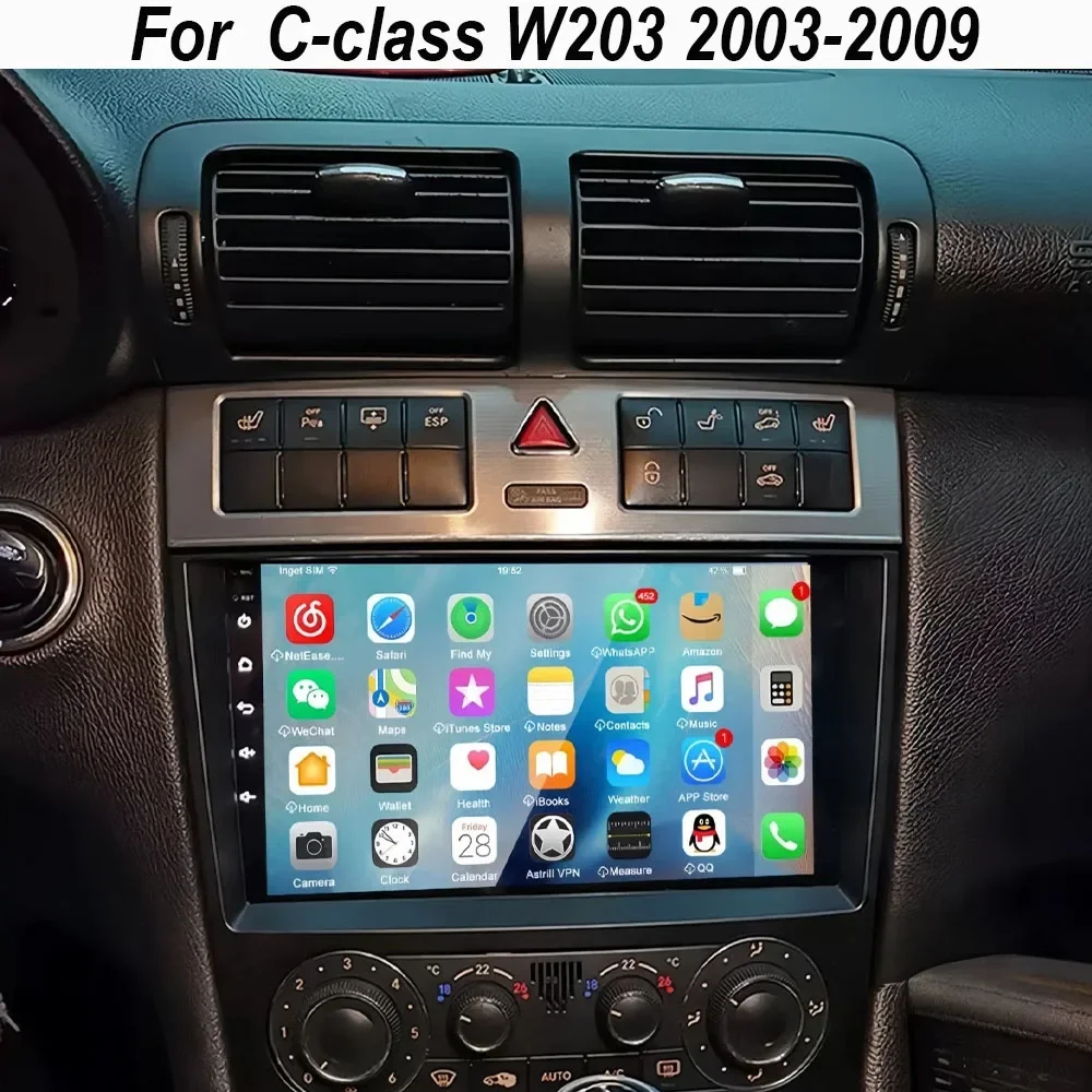 

Для 2003-2009 Mercedes-Benz C-Class W203 Android 14 Автомобильная навигационная система 9-дюймовая встроенная система с CarPlay + Android Auto 4 + 64G