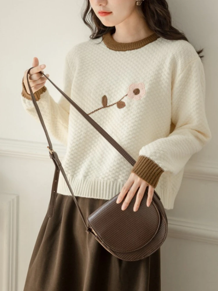 

Korobov Korean Autumn Sweet All Match O Neck Long Sleeve Contrast Color Jacquard Sweater Women Jumpers