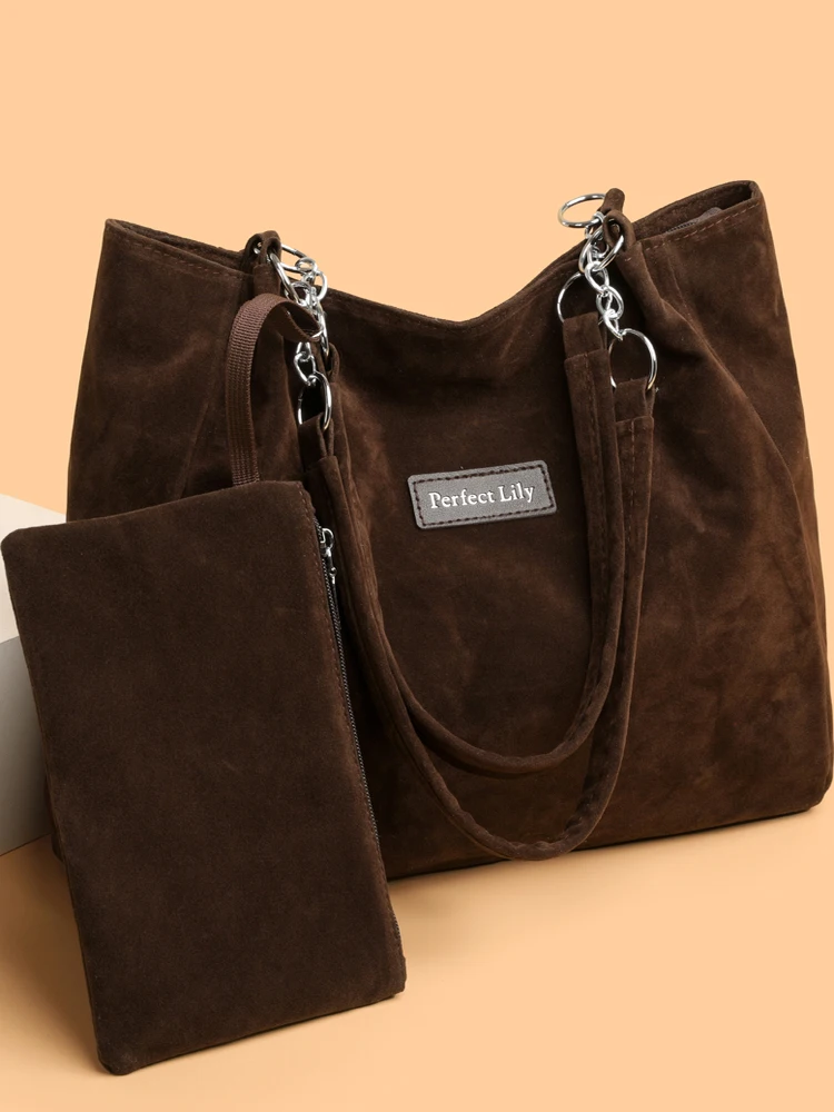 New Suede Large Capacity Commuter Women's Tote Bag Shoulder Handbag Caramel Color Mother-Child Bag Casual Simple Style