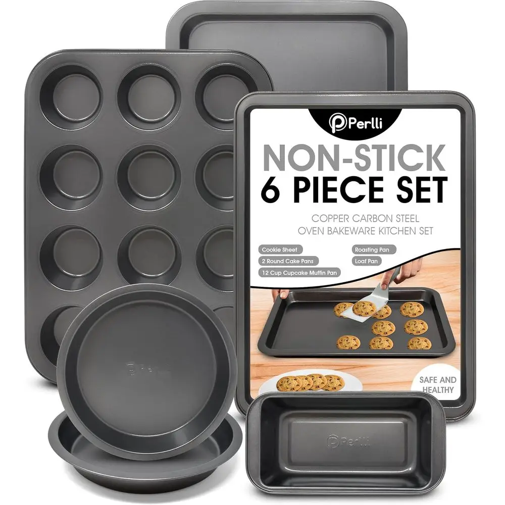 

Набор серой посуды для выпечки из углеродистой стали с антипригарным покрытием, пригодной для использования в духовке: противень для печенья, 2 круглых противня, форма для кексов на 12 ячеек, форма для запекания и форма для хлеба.