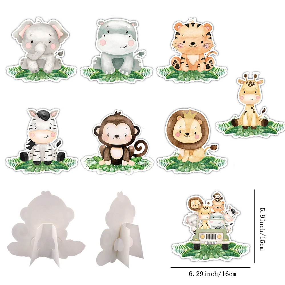 8Pcs Animal Paper Ornaments Carton Tiger Lion Card Stands Kids Forest Jungle Birthday Party Table Decorations Baby Shower Favors