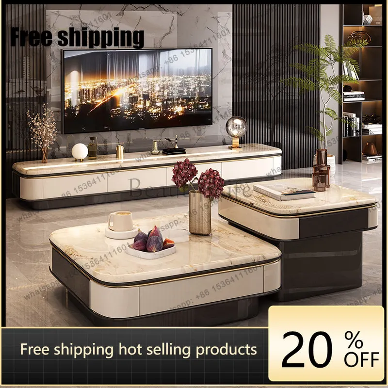 YJ light luxury microcrystalline stone coffee table living room home modern simple creative high and low combination