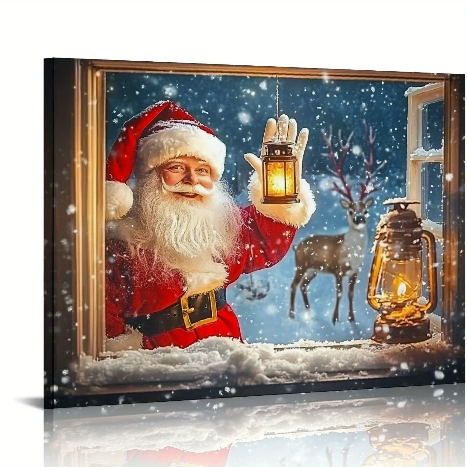 

1PC Rustic Christmas Canvas Father Christmas and Winter Animals Window Scene Charming Farmhouse Decoration Framed Hangable