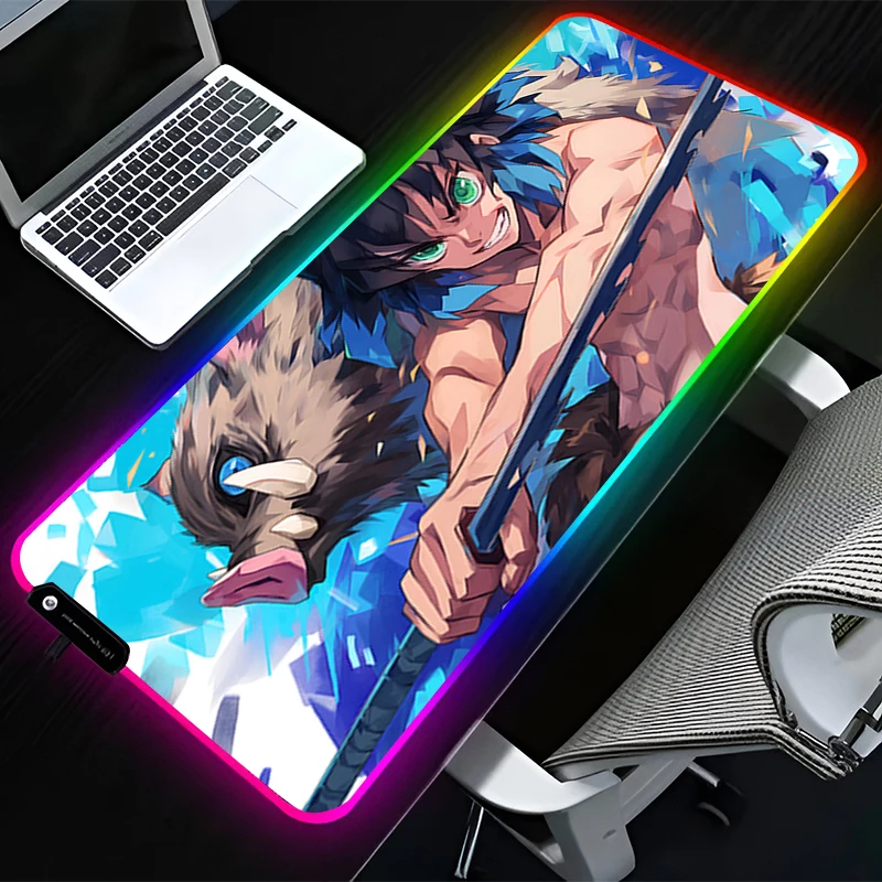 

RGB LED Mouse Pad Computer Desk Accessories Mouse Mat HD Rubber Keyboard Pad D-demon Slayer Inosuke Non Slip Mousepad Desk Mat