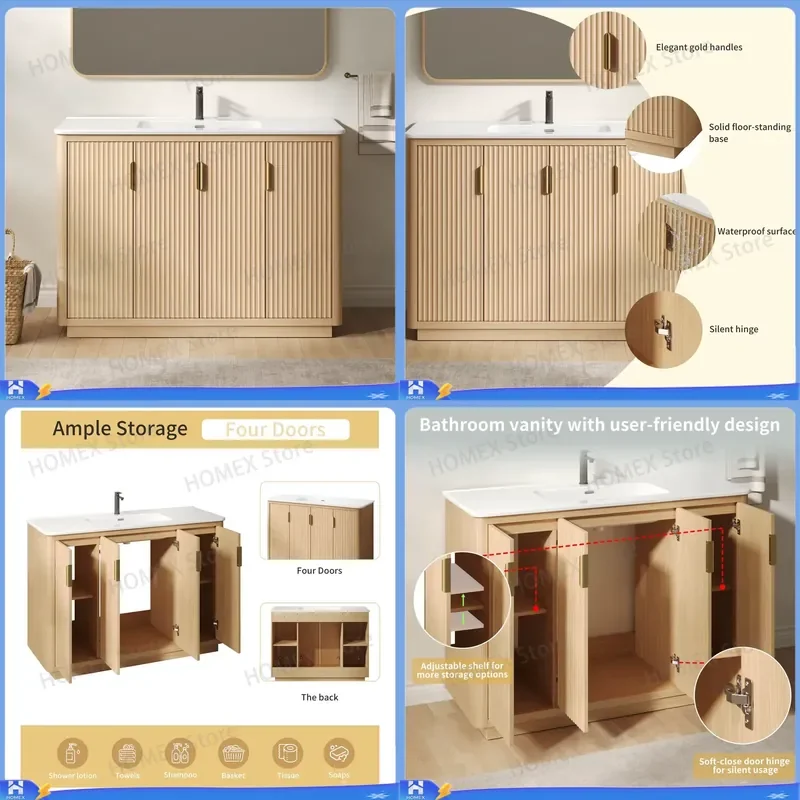 48 Inch Freestanding Bathroom Vanity Natural Wood Floor Standing Sink Cabinet Modern 4 Door Storage Unit Washbasin Console