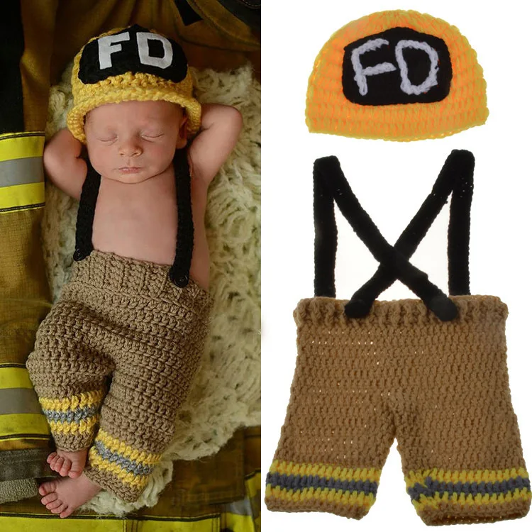 Baby Firefighter Costume Boy Girl Photo Outfits Newborn Photography Outfit Romper Children Handmade Hat Pants Shooting Props