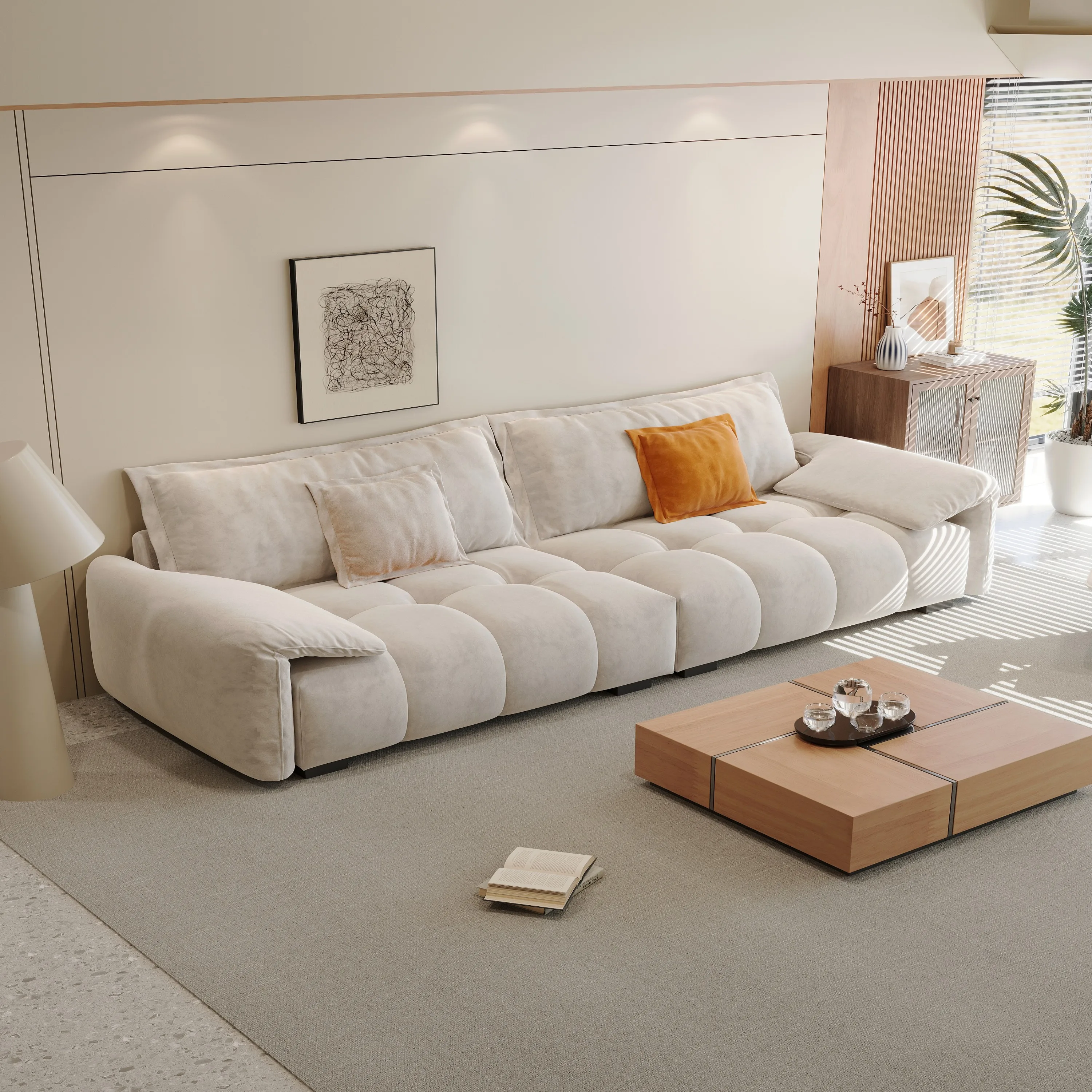#Italian Style Elephant Ear Sectional Sofa Trendy Nordic Minimalist Design High Resilience Fabric Four-Seater Living Room Sponge