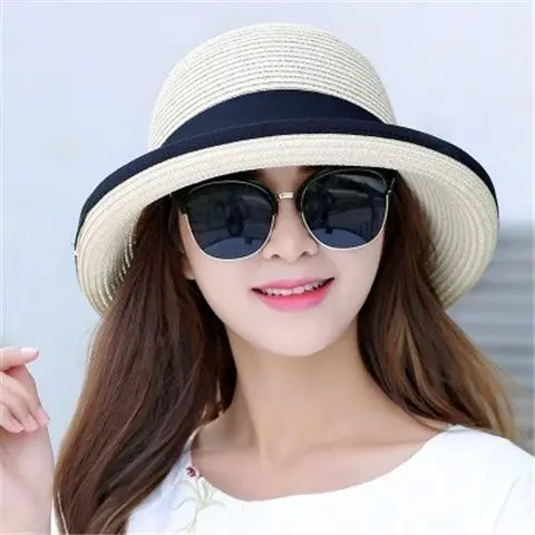 Fashion Summer Panama Beach Straw Hat For Women Beach Rolled Up Sun Hat Casual Travel Cap Simple Wide Brim Bow Hat Casquette