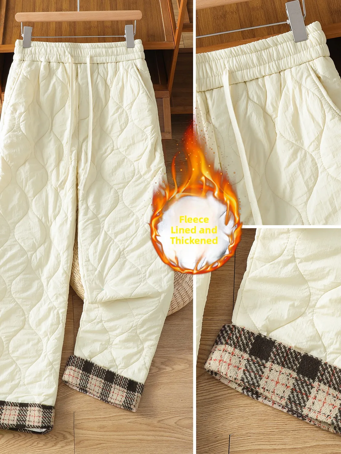 Calças de algodão Thiened femininas inverno cintura alta perna reta alta à prova de vento quente xadrez retalhos solto ajuste calças casuais