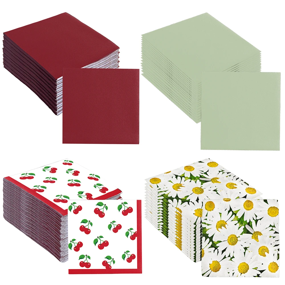 20/40/60pcs Disposable Dinner Napkin Paper Cocktail Napkins Red and Green Daisy Cherry Napkins Birthday Wedding Parties Supplies