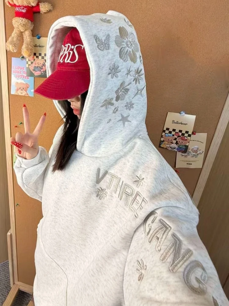

Deeptown Vintage Letter Embroidery Hoodies Women Korean Casual Harajuku Hooded Sweatshirts Y2k Autumn Winter Gray Loose Hoodies