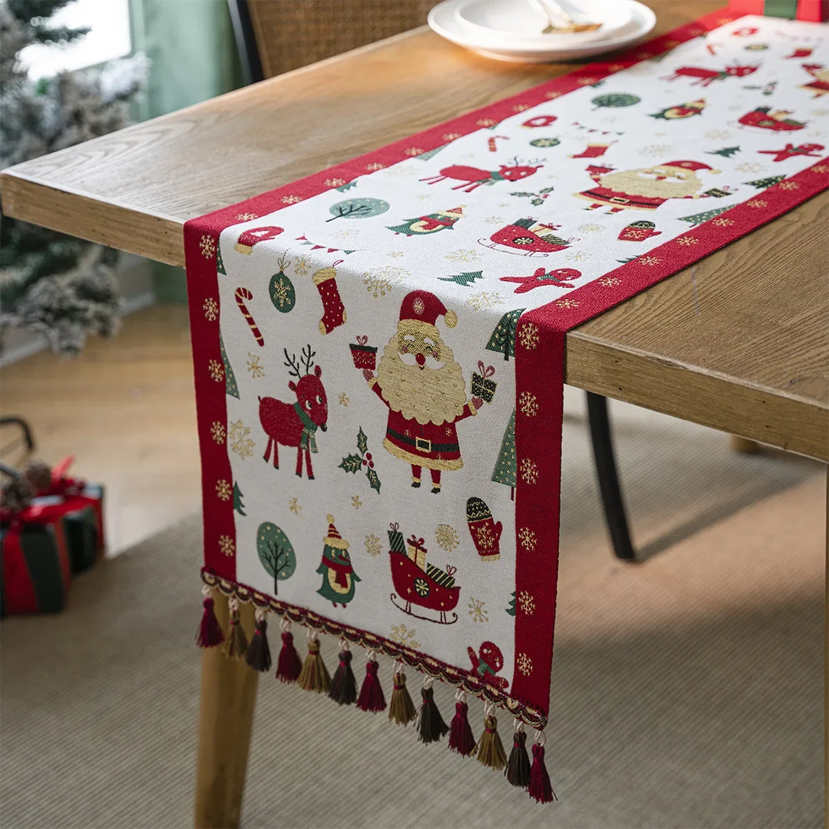 Christmas Jacquard Table Runner with Tassel Santa Claus Table Cover For Home Festival Party Table Decoration TV Cabinet Cover