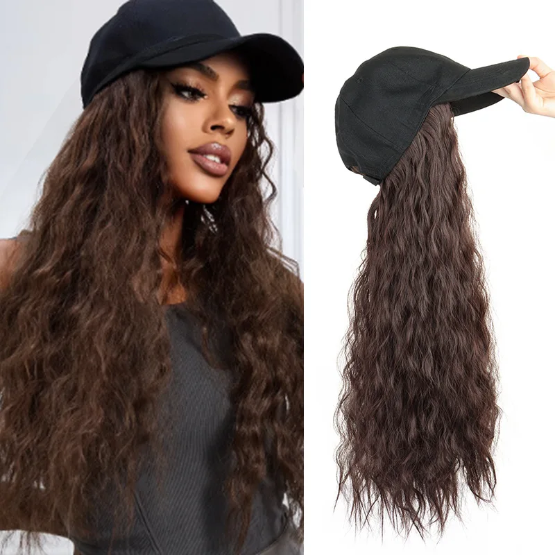 Women's Adjustable Curly Synthetic Wig Hat with Baseball Cap,Instant Water Wave Hair Extensions for Daily&Party