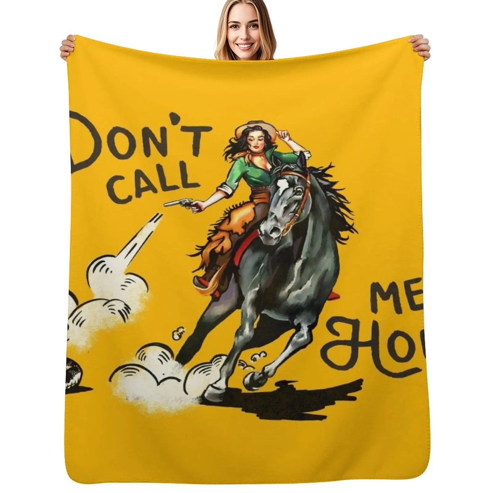 

Don't Call Me Honey Vintage Pinup Cowgirl On Horseback Shooting A Snake Throw Blanket Soft Plush Blanket as Housewarming Gift