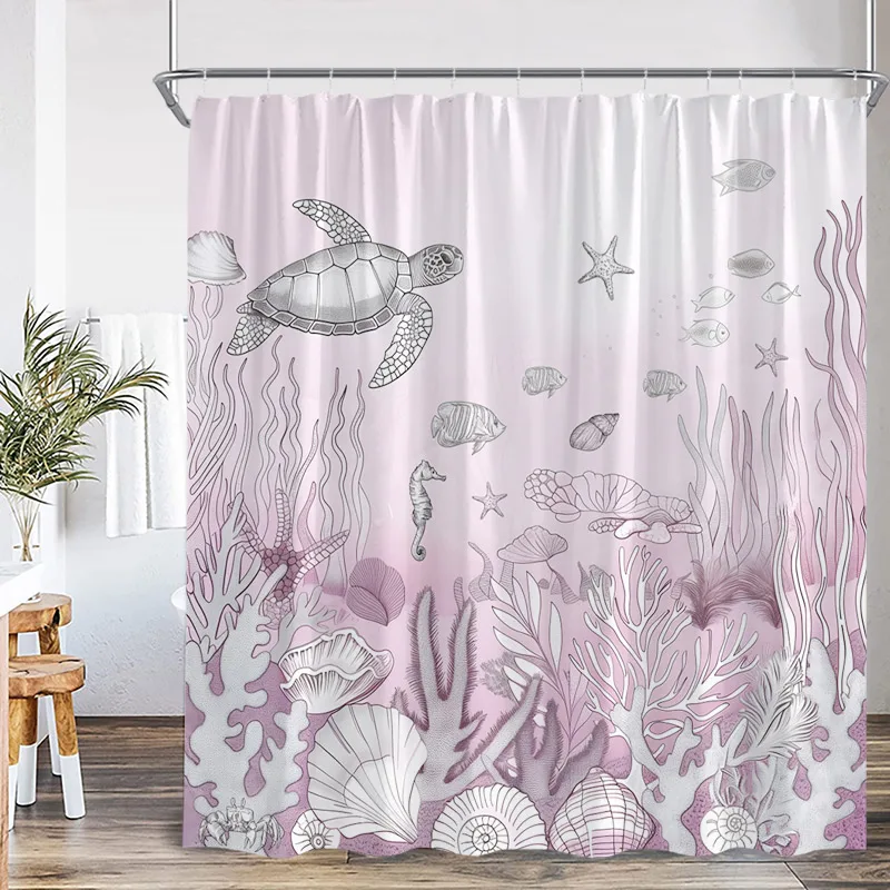 Nautical Ocean Octopus Sea Turtle Shower Curtain Pink Coral Starfish Seashell Fish Bath Curtains Home Bathroom Decor with Hooks