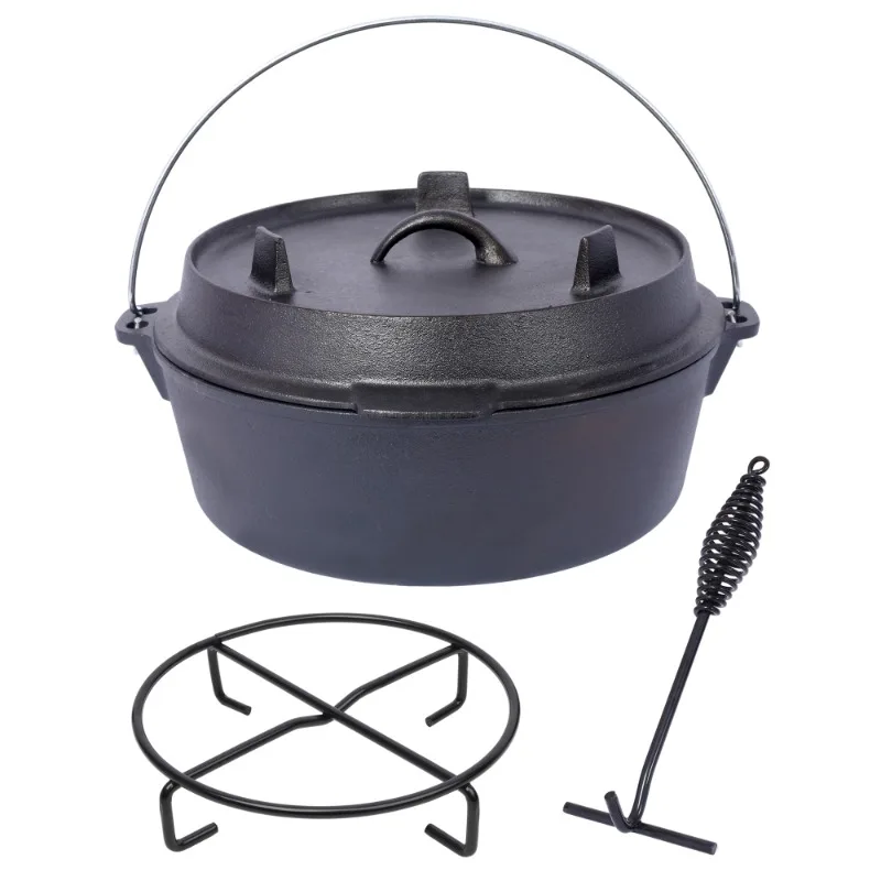 

Cast Iron Dutch Oven with Lid Stand and Tongs Outdoor Camping Cooking Pot for Campfire Hiking Picnic Heavy Duty Cookware Set