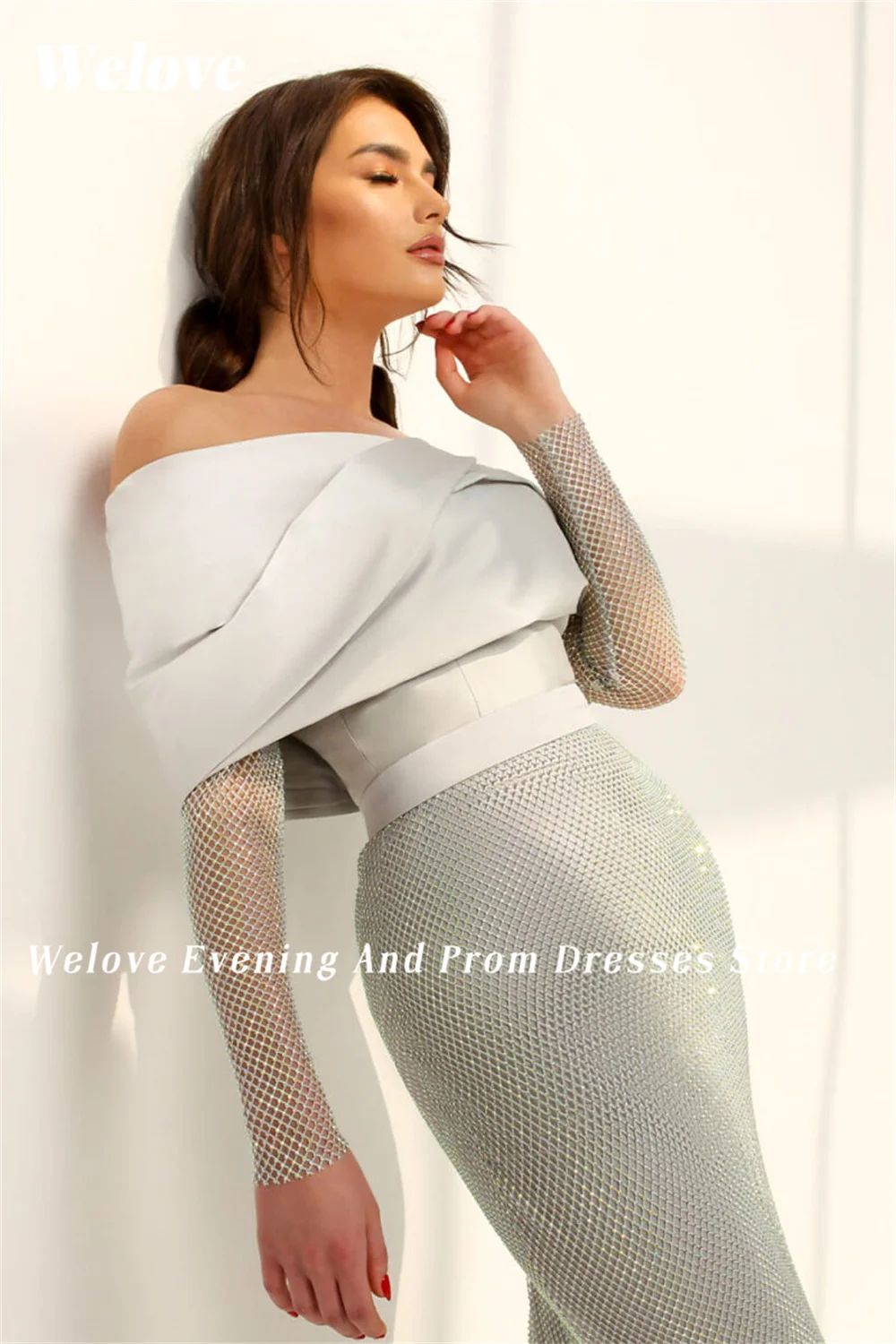 Welove Wrapped Off Shoulder Womens Dresses Long Net Stonse Sleeve 2023 فساتين السهرة  Mermaid Pencil Cut Dresses for Prom