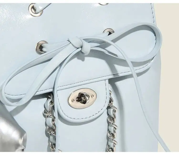 Bloom Haruku Blue Mochila Women 2025 Vintage Leather Chain Bow Mini Backpacks Hot Girls Retro Fashionable Backpack Aesthetic