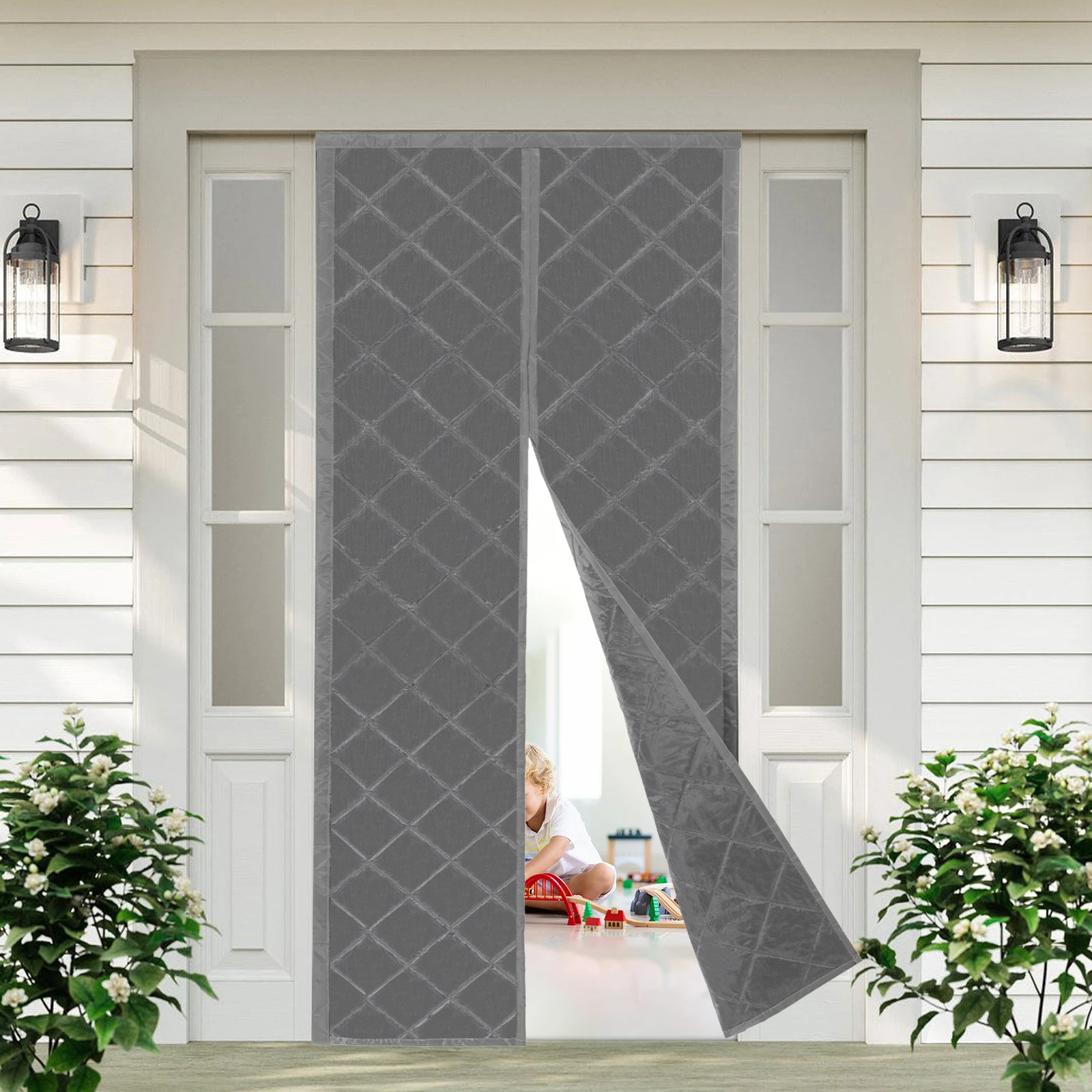 

Coffee/Gray Magnetic Thermal Insulated Door Curtain Center Opening Doorway Curtain Home Thick Thermal Filled Cotton Door Screen