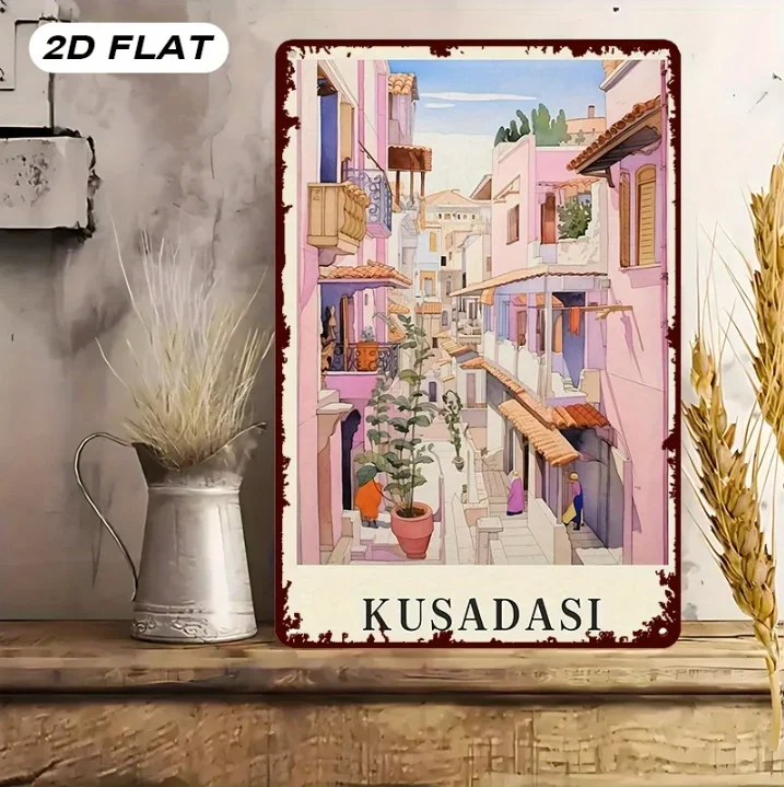 Ilustración de escena de calle de Kusadasi, letrero de estaño de Metal Vintage, diseño artístico adecuado para el hogar, cocina, Bar, Mural al aire libre, Cor, 1 ud.