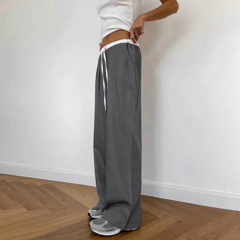 Street Style Women Gray Contrasting Sports Trousers 2024 Autumn New Fashion Drawstring High Waist Casual Pants Women's Clothing