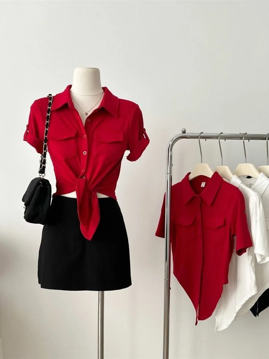 

Sexy Short Sleeve Shirt for Women Summer Pure Desire Style Bow Tie Waist Cinched Collar mid Sleeve Belly Baring Open Car...