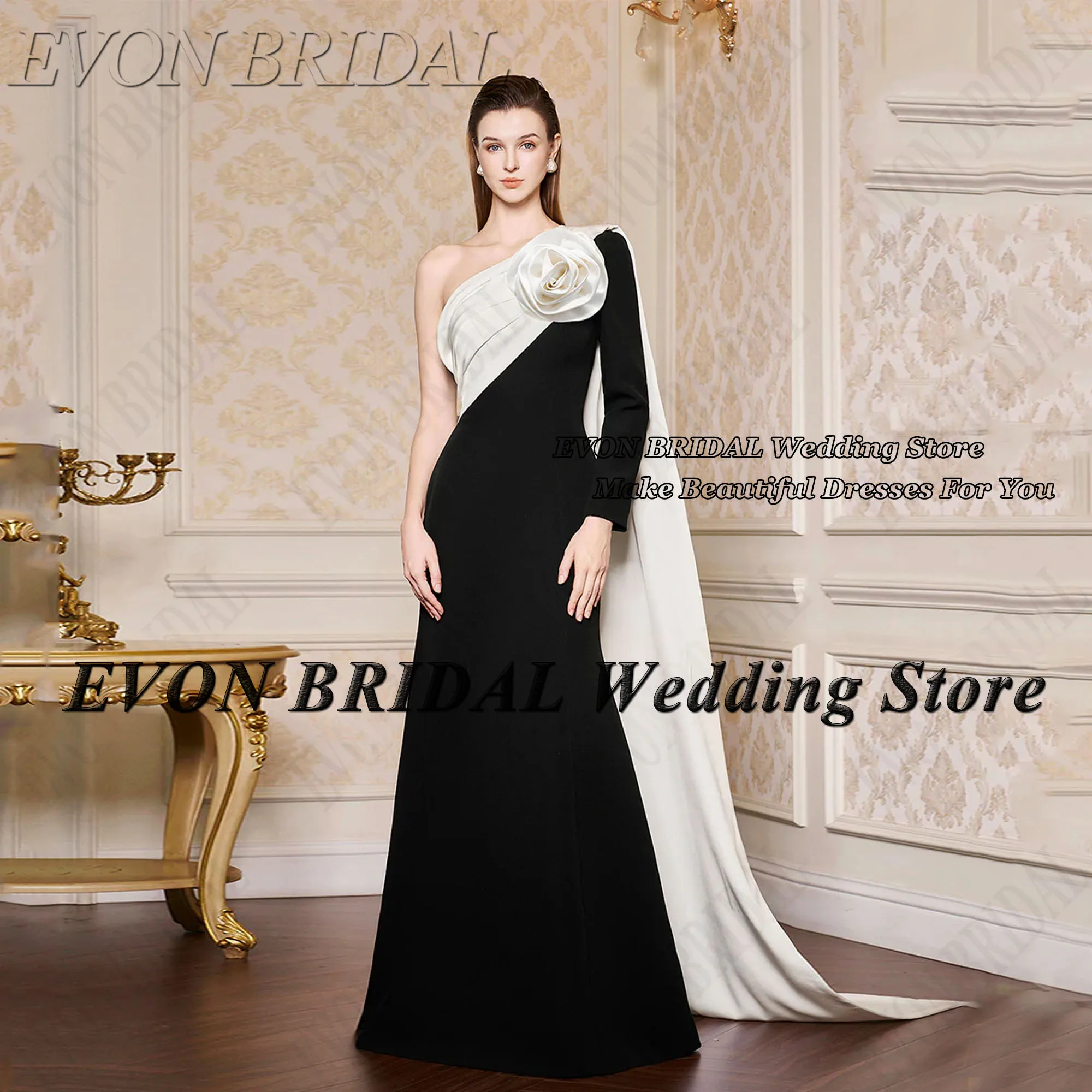 EVON BRIDAL Black And White Evening Dress Long Sleeves 3D Flowers Mermaid Prom Gowns Contrast Color Satin V-Neck Saudi Women