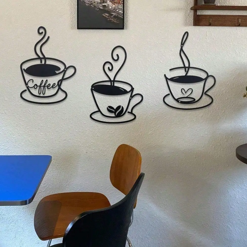 PiecesHeart Logo Coffee Cups With Vapor Metal Wall Art Set Minimalisty Metal Wall Art.