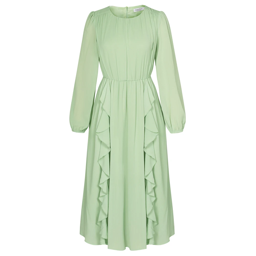 Jasambac Women Elastic Waist Dress Long Sleeve Crew Neck Ruched A-Line Dress